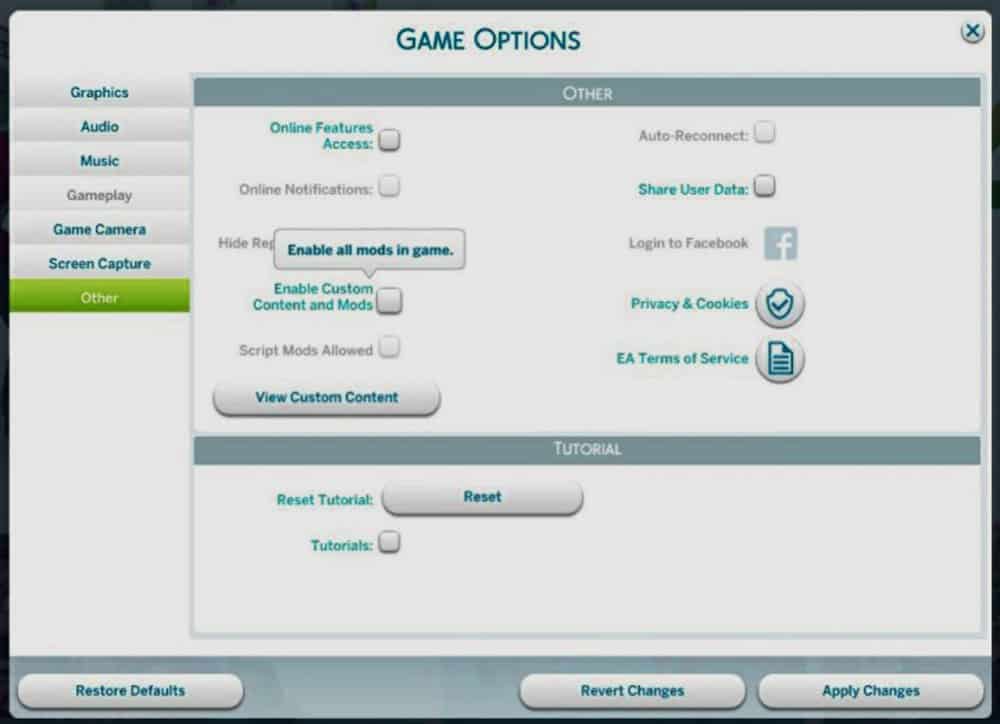 Sims 4 mod settings menu что это